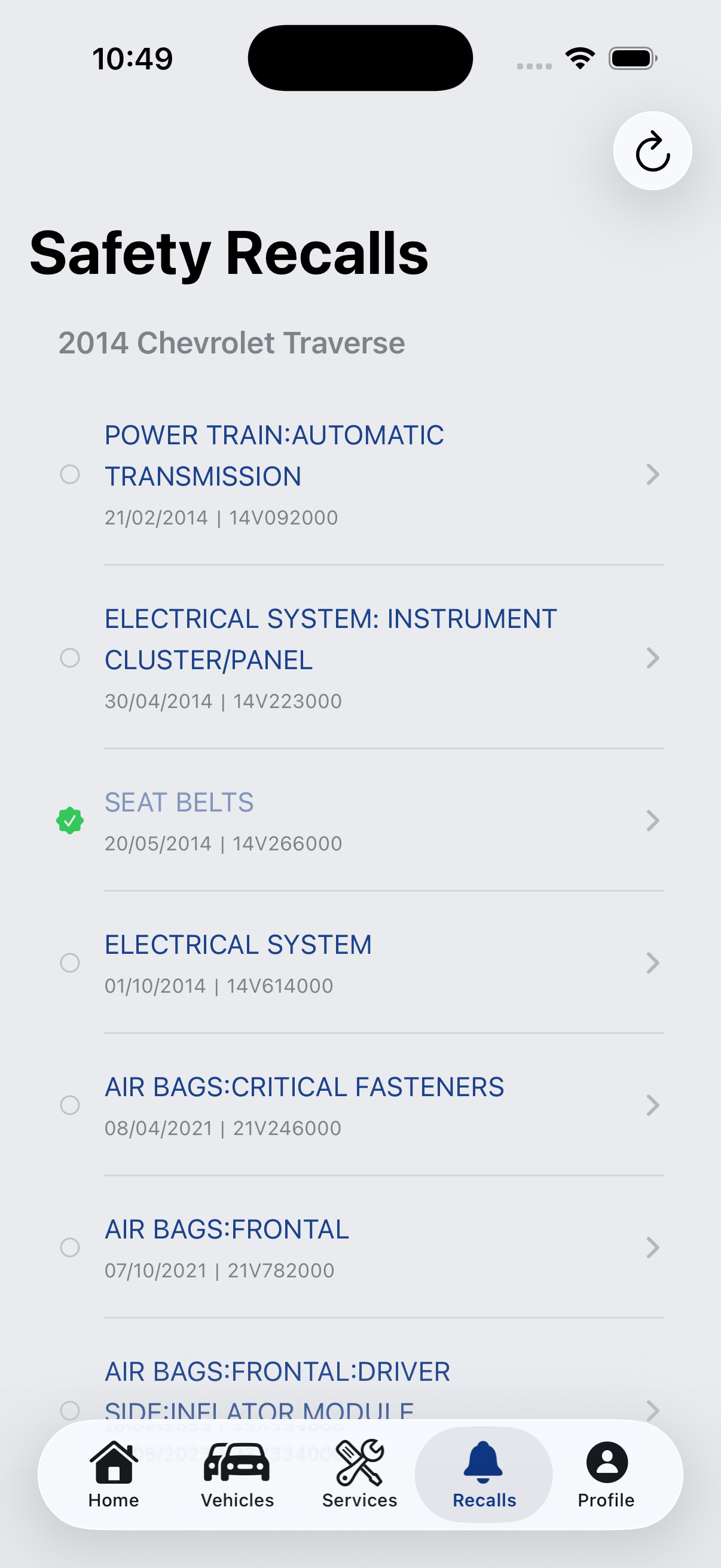 Safety Recalls screen